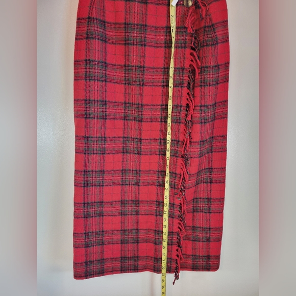Carroll Reed Vintage Red Green Plaid Fringe Wrap Skirt Size 10 - Picture 7 of 11